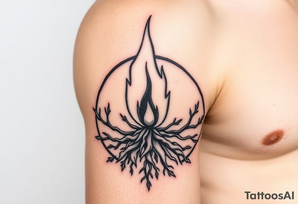 flame in a blooming roots circle tattoo idea
