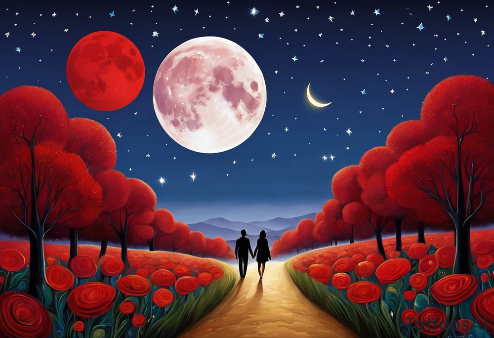 4.	Lunas Compartidas: Dos lunas crecientes, una frente a la otra, formando un círculo cuando se unen, simbolizando la unidad y el amor eterno. Puedes agregar un pequeño detalle en rojo para darle vida. tattoo idea