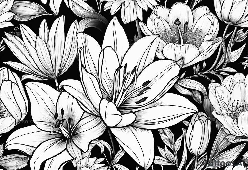 lily, marigold, tulip, cosmo, and aster tattoo idea