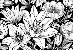 lily, marigold, tulip, cosmo, and aster tattoo idea