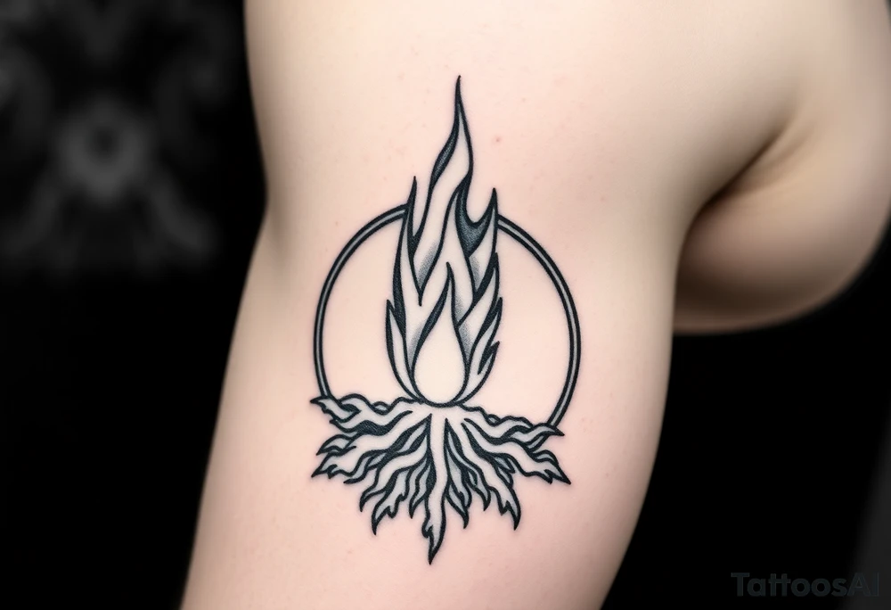 flame in a blooming roots circle tattoo idea