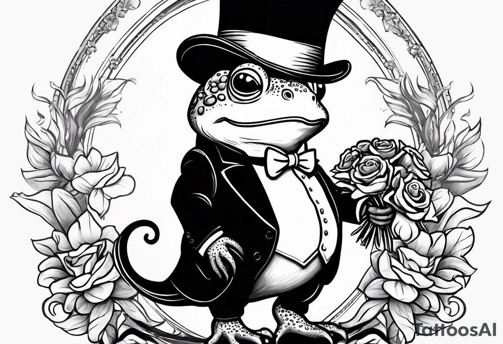 Cute toad standing on back legs  in a top hat and a formal suit holding flowers to go on a date tattoo idea