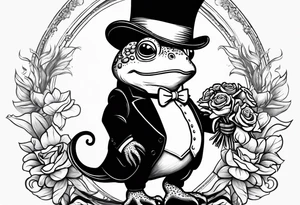 Cute toad standing on back legs  in a top hat and a formal suit holding flowers to go on a date tattoo idea