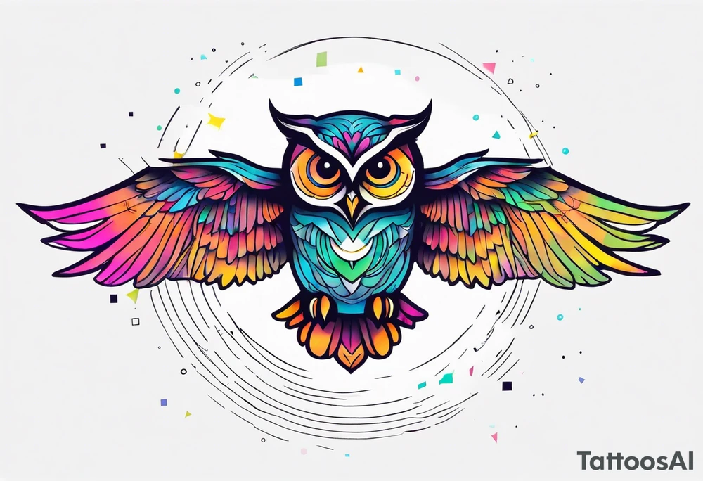 psychedelic color owl flying tattoo idea