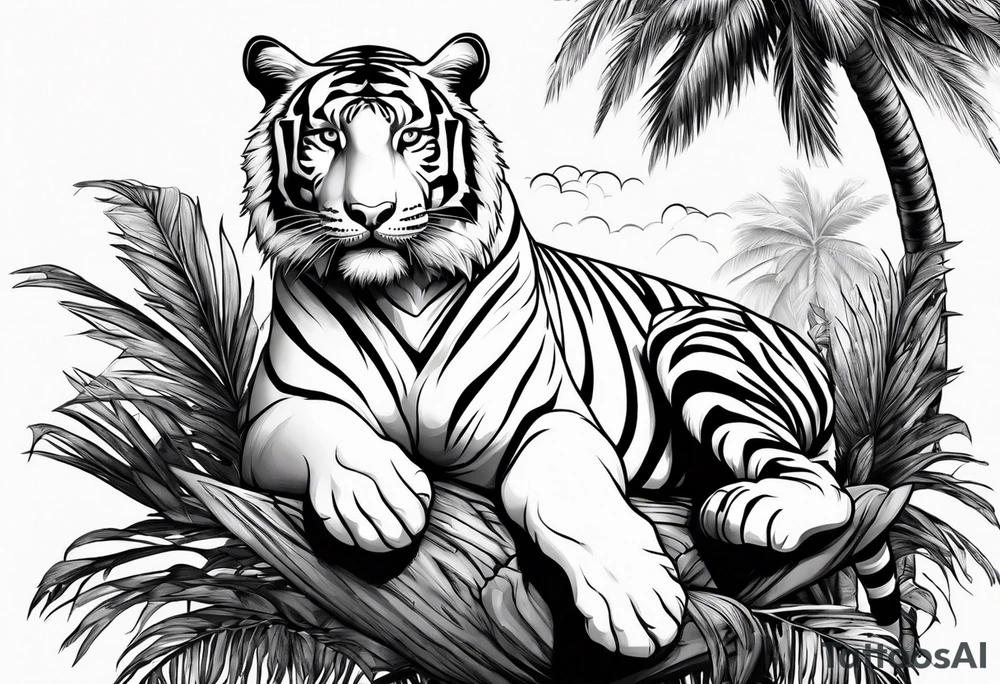 tiger laying on palm tree tattoo idea
