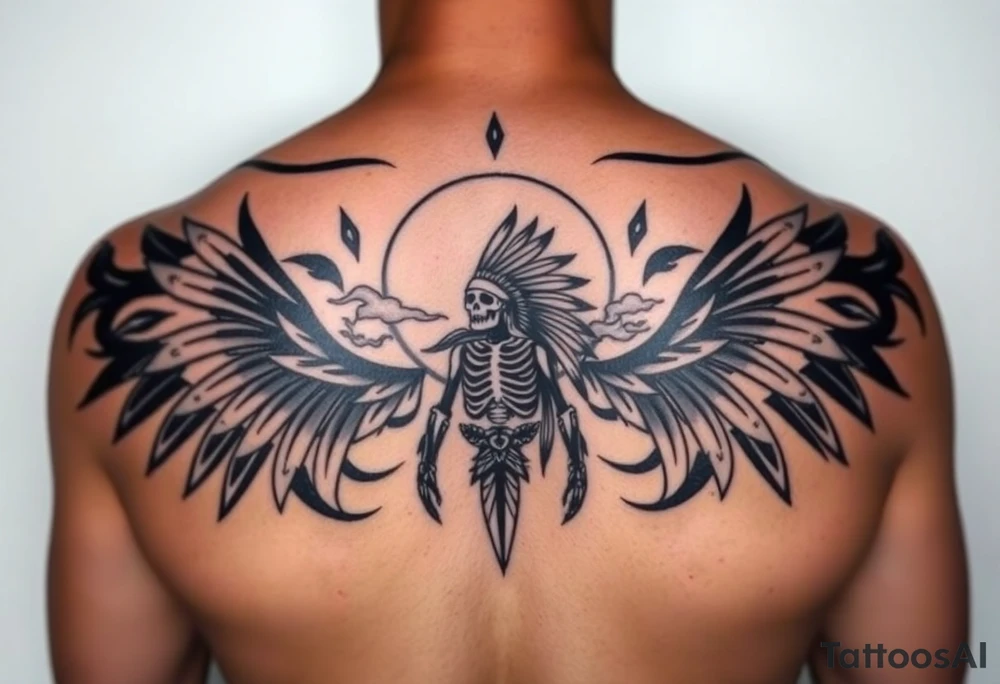 Traditional cherokee chief skeleton with spirit animals in the sky and moon and hazy clouds in the backdrop tattoo idea