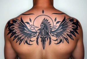 Traditional cherokee chief skeleton with spirit animals in the sky and moon and hazy clouds in the backdrop tattoo idea