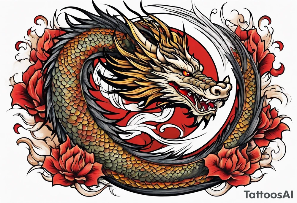 japanese dragon with flames and red highlights tattoo idea