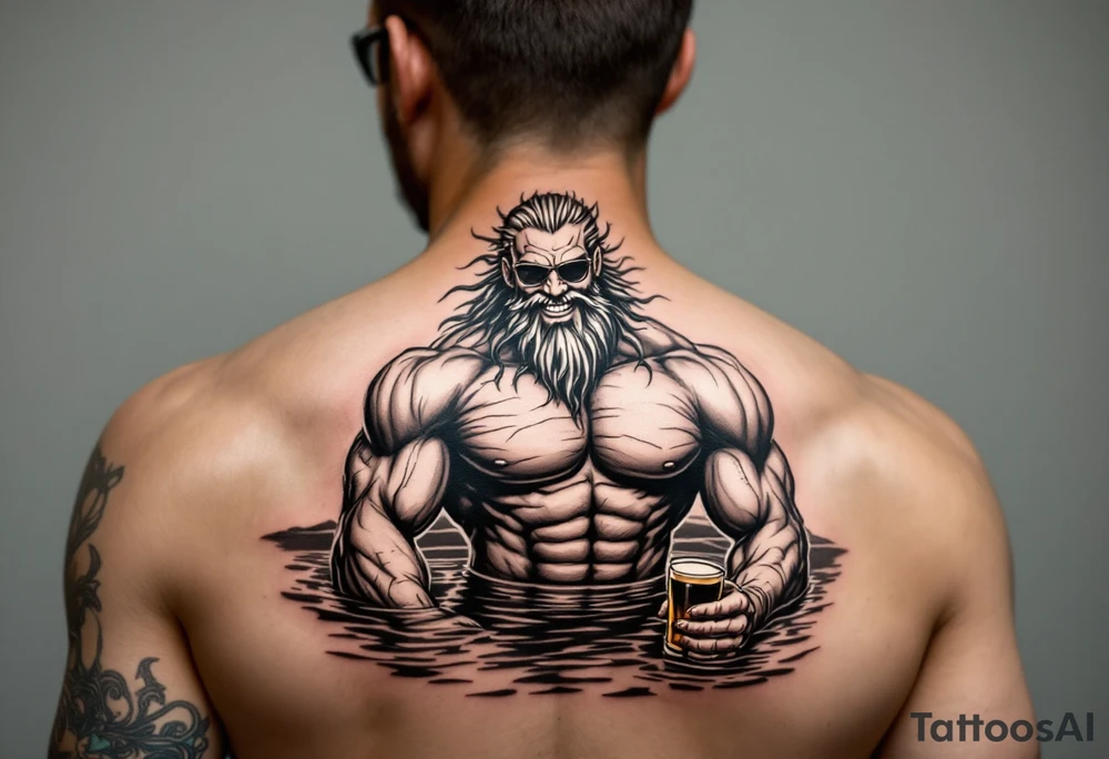 smiling, fit poseidon, with a trident, in calm water, holding a beer, with sunglasses tattoo idea