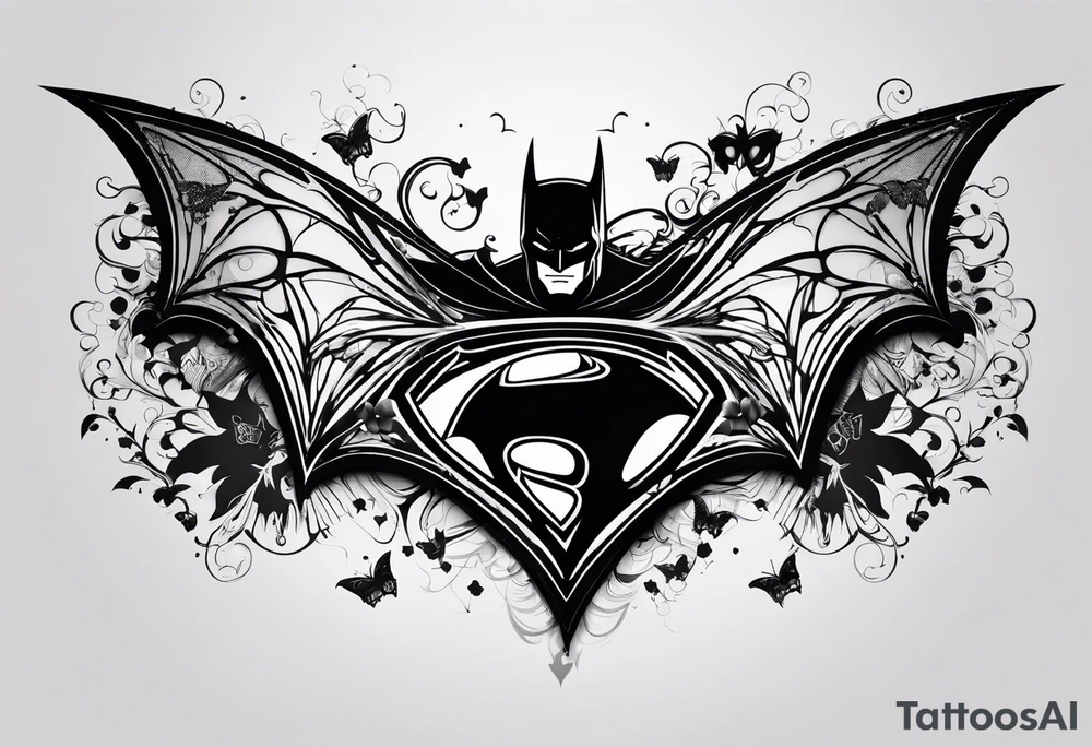 Batman symbol with butterflies and haha joker symbols and less details tattoo idea