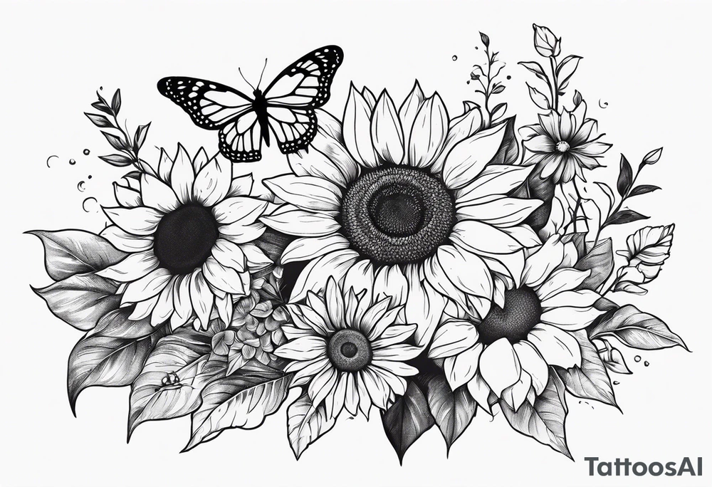 Arm sleeve with sunflowers and butterflies tattoo idea