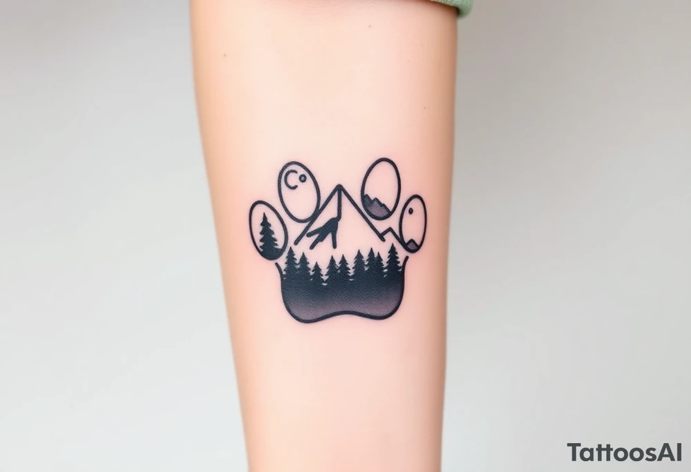 Mountains and a forest inside a paw print silhouette, with a smooth transition between nature and the Paw Patrol emblem. tattoo idea