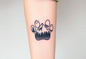 Mountains and a forest inside a paw print silhouette, with a smooth transition between nature and the Paw Patrol emblem. tattoo idea