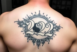 Number 222 surrounded with ying yang and sunset and love and stardust and vibration tattoo idea