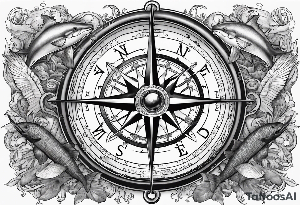 Pirate themed compass surrounded by marine animals tattoo idea