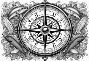 Pirate themed compass surrounded by marine animals tattoo idea