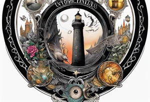 Cohesive sleeve with elements from 1984, a series of unfortunate events, tattoo idea