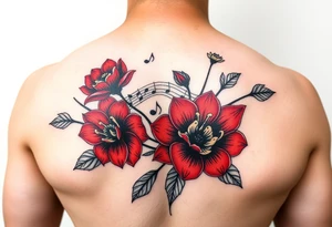 Red flowers with black music notes tattoo idea