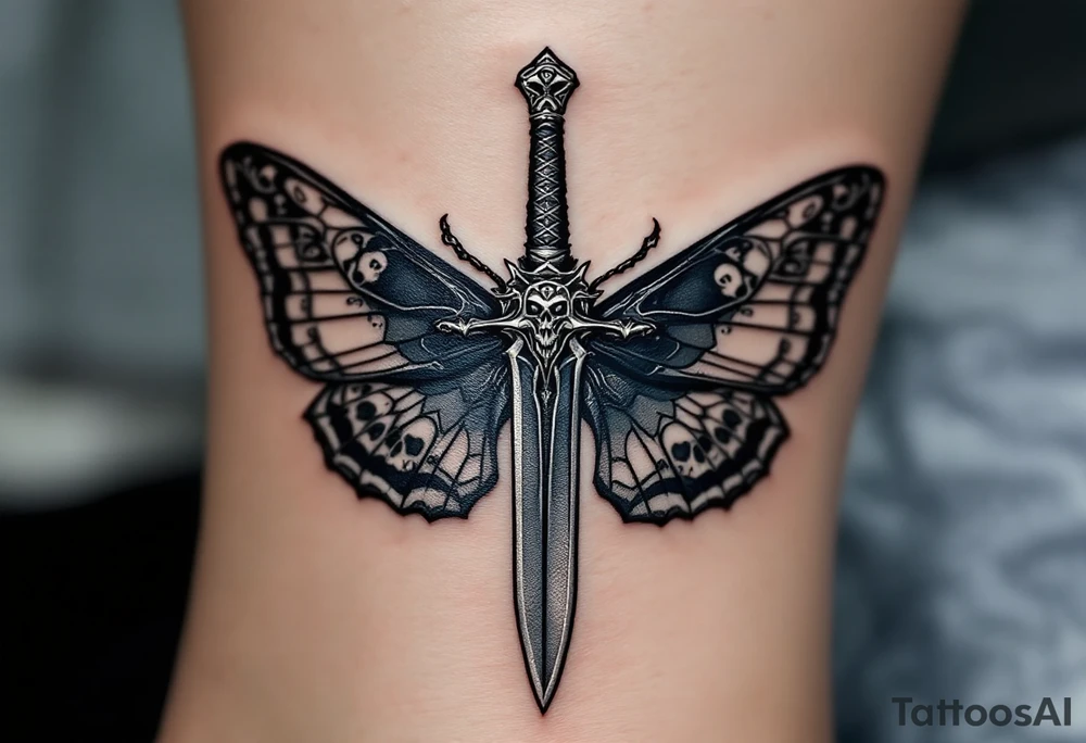 Dagger and Moth – A mystical dagger surrounded by a detailed black and gray moth, its wings featuring soft white highlights and subtle patterns resembling skulls. The dagger is dark silver with antique-style carvings. tattoo idea