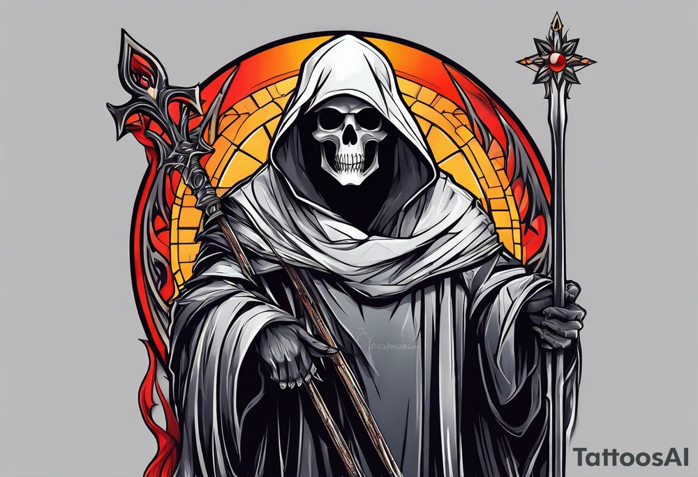 A full body grim reaper with his hood completely off, a halo above his head. tattoo idea