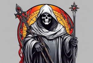 A full body grim reaper with his hood completely off, a halo above his head. tattoo idea