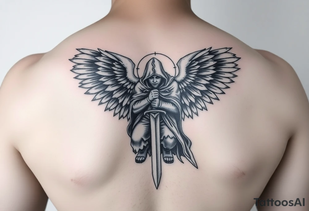 Warrior Angel with long sword  kneeling looking down cloak over head wings
 spread tattoo idea