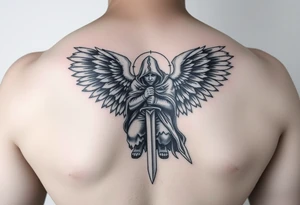 Warrior Angel with long sword  kneeling looking down cloak over head wings
 spread tattoo idea