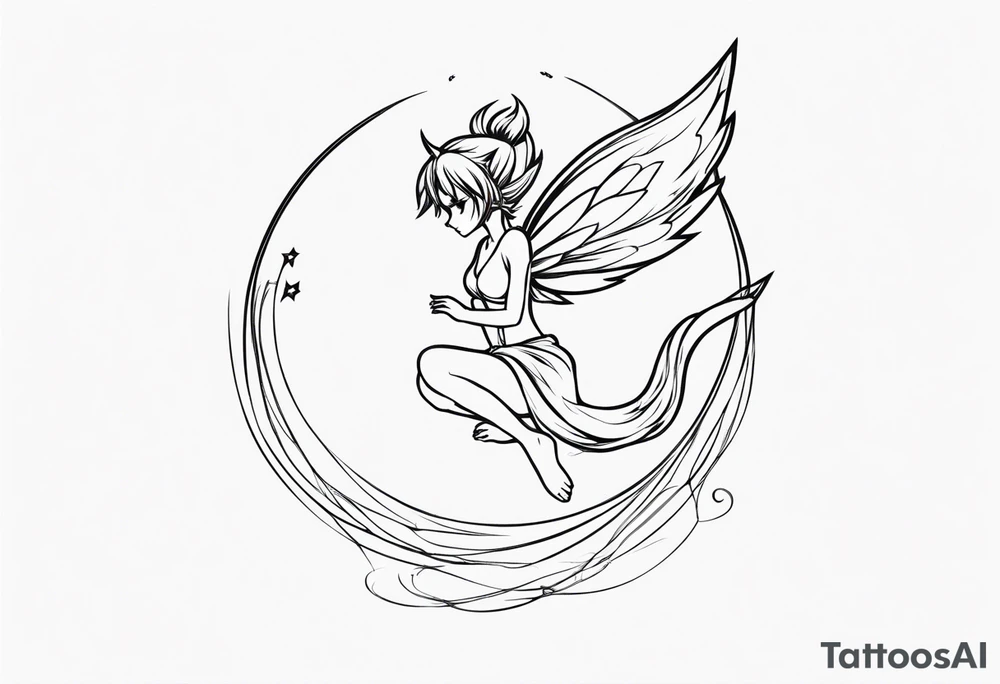 A fairy with a tail inspired by the logo of the anime show called Fairy Tail in a fetal position leaning in and forward while in the air floating tattoo idea