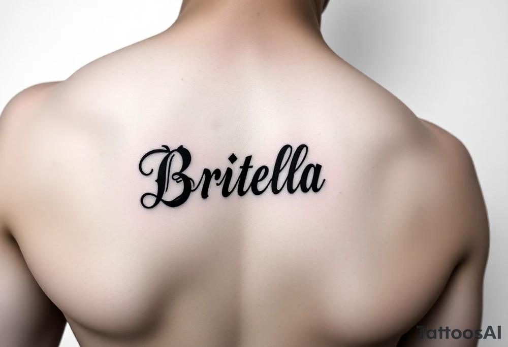 "Briella" in gothic font on hand along thumb tattoo idea