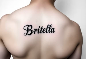"Briella" in gothic font on hand along thumb tattoo idea
