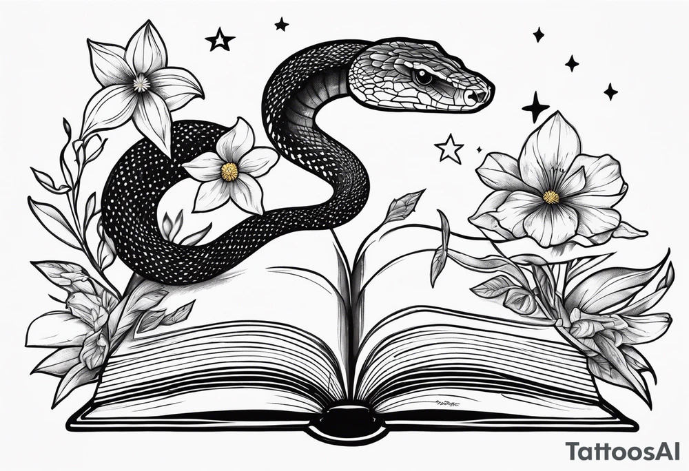 snake, books, stars and poisonous flowers tattoo idea