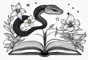 snake, books, stars and poisonous flowers tattoo idea
