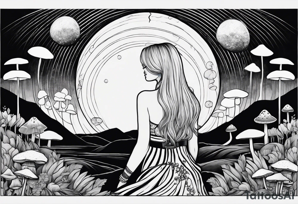 Straight blonde hair girl facing away toward mountains surrounded by mushrooms crescent moon circular design black and white striped dress tattoo idea