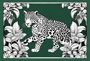 Create and black and grey realistic jaguar walking toward you with rainforest background for a forearm tattoo. Have the jaguars eye colored with emerald green and mouth open tattoo idea