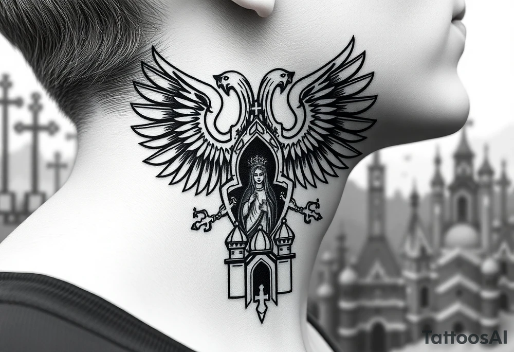 russian coat of arms double headed eagle traditional christian orthodox cross with a virgin mary stood in the entrance of a russian orthodox dome church on the side of the neck in a wilderness setting tattoo idea