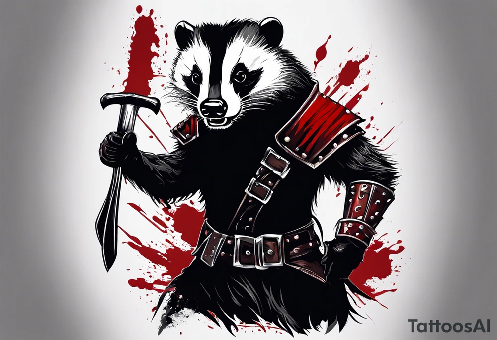 Draw me psychopath badger/Warrior with aggressive full body, killer face with a smile, very long nails and he attacks like a Bloody Warrior to us and also, he has very deadly looking. He fights with his nails. Everybody scares after their first sight. Give me horror type Badger Tattoo. I want to see his full body. tattoo idea