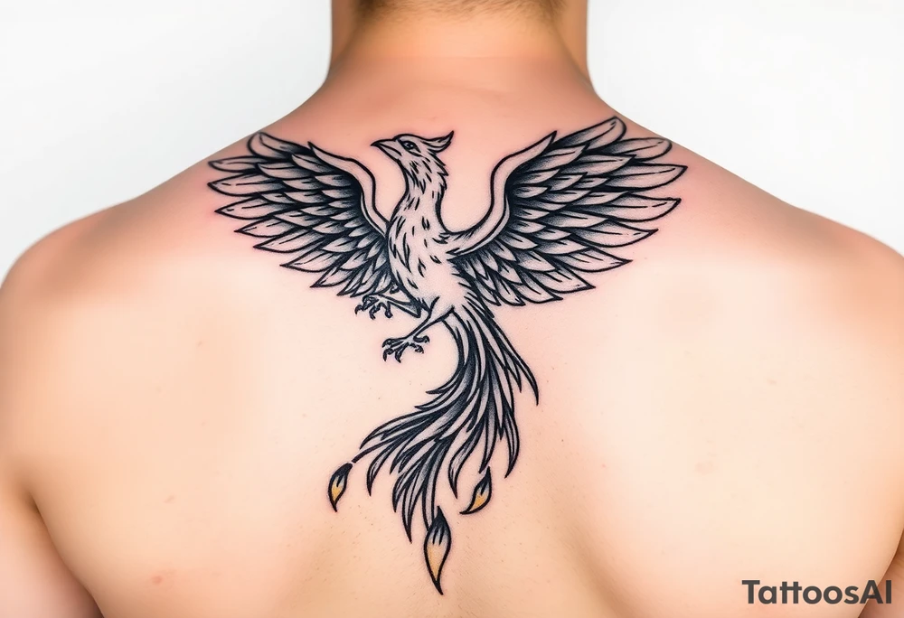 magnificent phoenix rising from golden flames with trailing embers tattoo idea