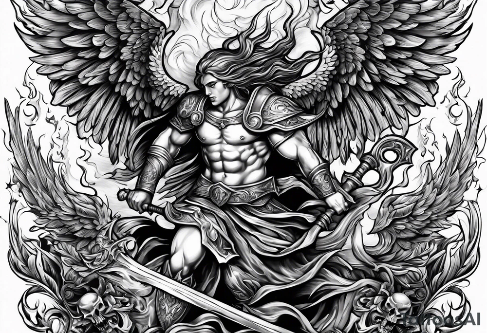 Angels fighting demons over fire with skuls in the background tattoo idea