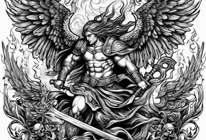 Angels fighting demons over fire with skuls in the background tattoo idea