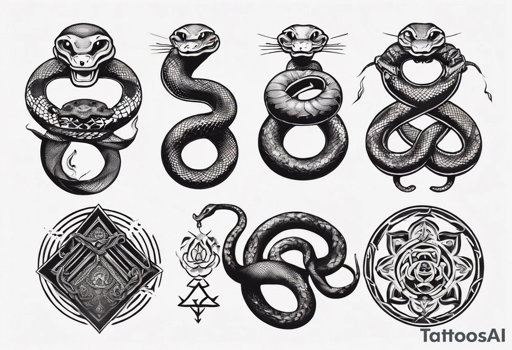 snakes interlocking around a Buddhist amulet that represents strength, protection, and love tattoo idea