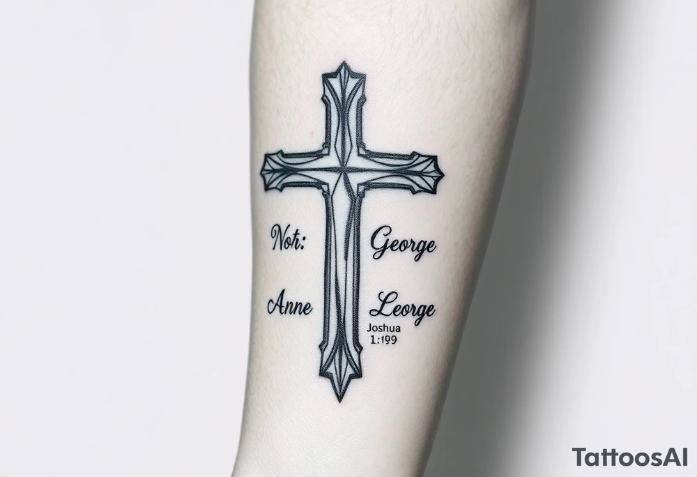 A cross with my grandparents name Anne, Nora, George and add this bible verse Joshua 1:9: "Be strong and courageous. Do not be afraid; do not be discouraged, for the Lord your God will be with you wherever you go tattoo idea