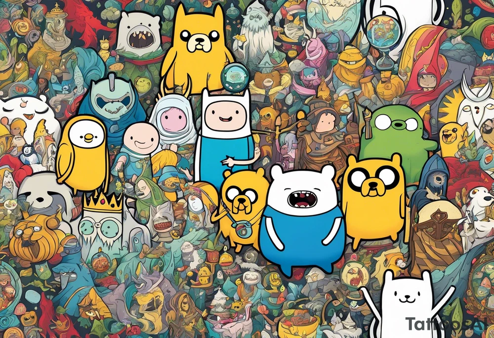 Full sleeve with adventure Time Characters, Finn, Jake, Lich King tattoo idea