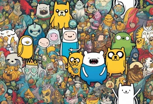 Full sleeve with adventure Time Characters, Finn, Jake, Lich King tattoo idea