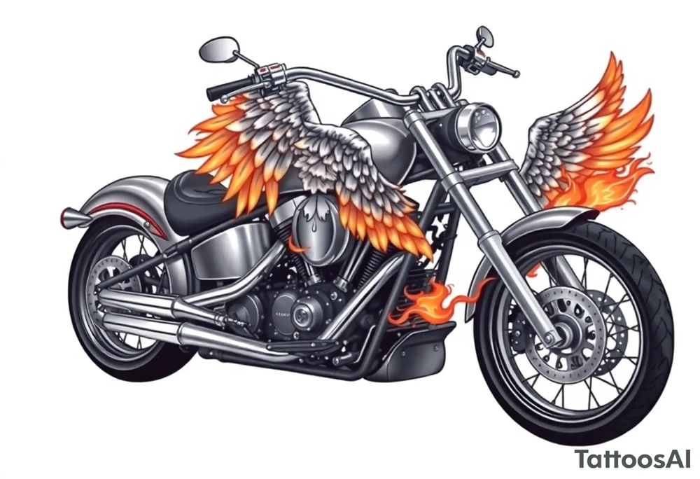 Low rider grey motorcycle, big muffler pipes with flames, angel wings tattoo idea