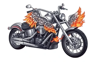 Low rider grey motorcycle, big muffler pipes with flames, angel wings tattoo idea