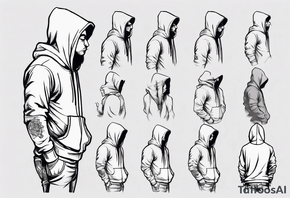 The side view of a person in a hoodie, looking down. tattoo idea