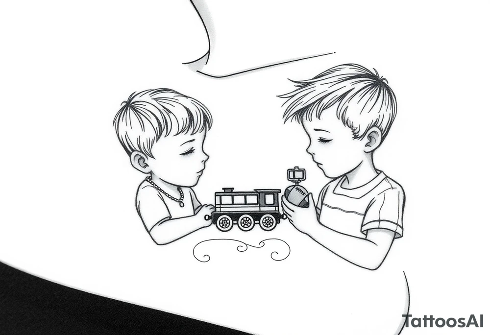 A mother with two boys, a small train toy and a small football toy. tattoo idea