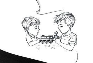 A mother with two boys, a small train toy and a small football toy. tattoo idea