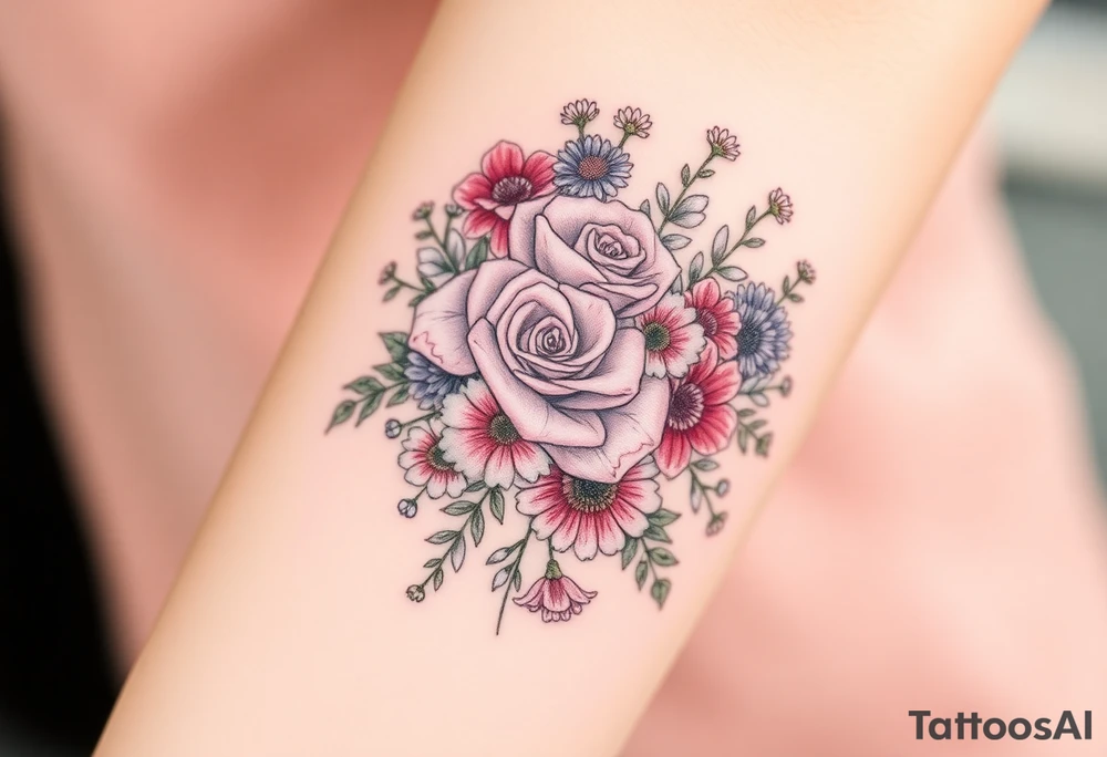 Bouquet of roses, snowdrops, marigolds, asters and gladioli tattoo idea