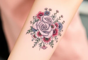 Bouquet of roses, snowdrops, marigolds, asters and gladioli tattoo idea